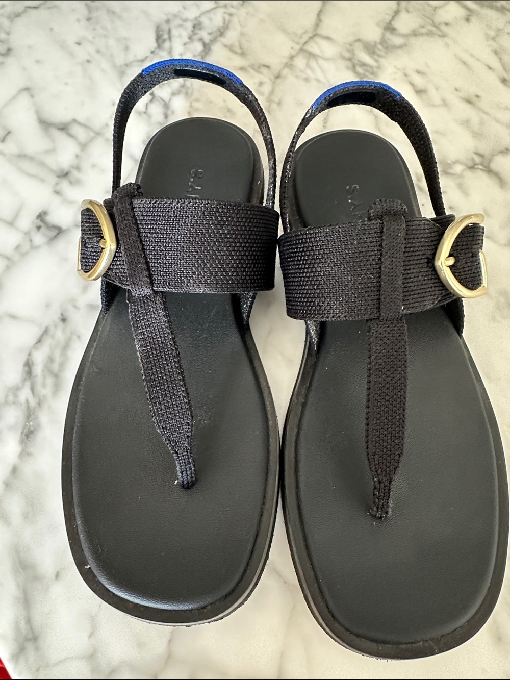 Rothy's Black T-Strap Sandals with Gold Buckle Accent